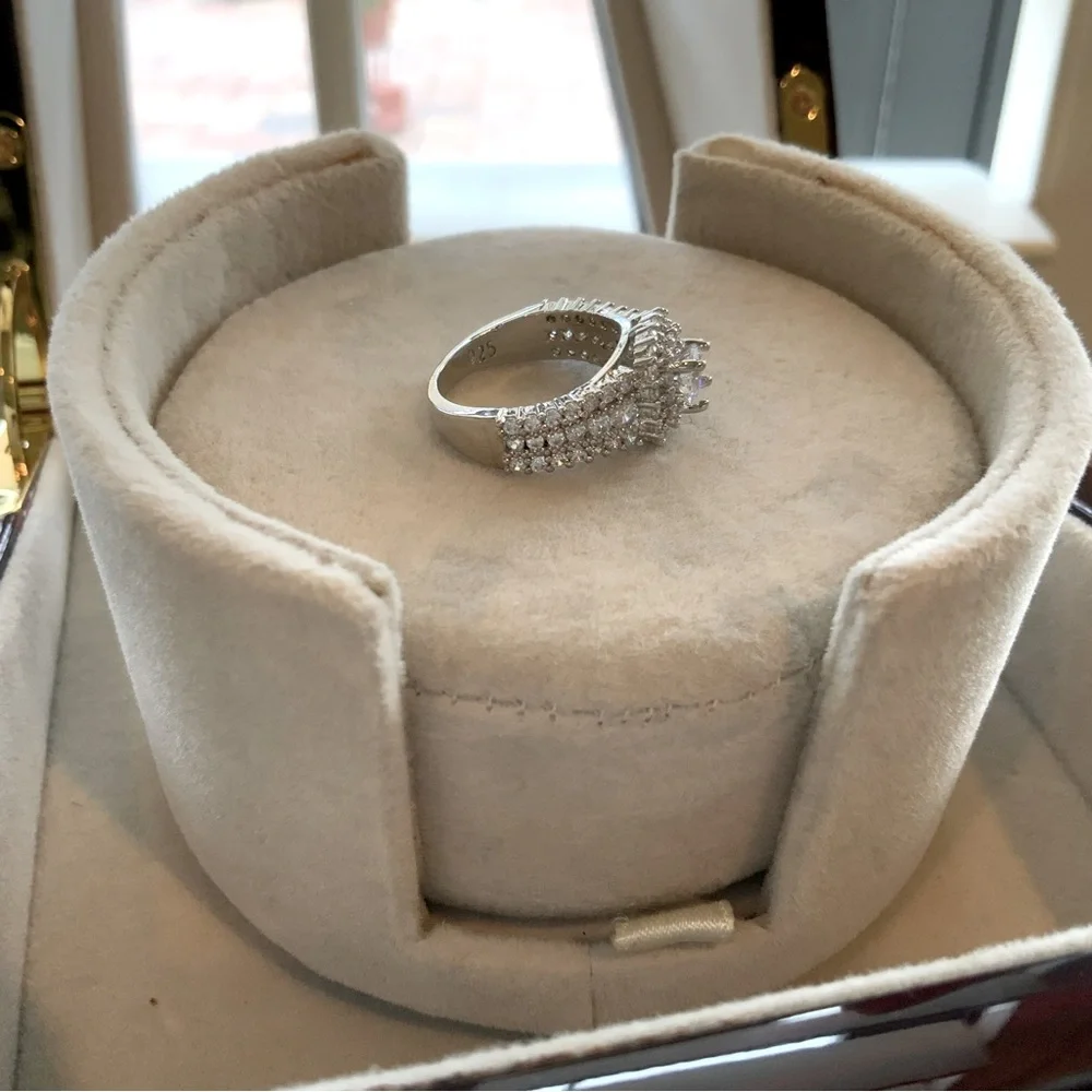 Ring Dome Shape CZ With Double Halo 925 Silver CZ Band Size 6